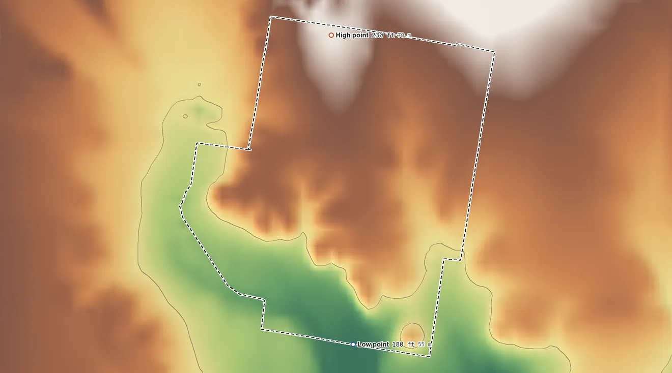 Topographic elevation map of Ranchitos del Norte, Texas, shaded from 180 ft on the south side to 230 ft on the northwest side