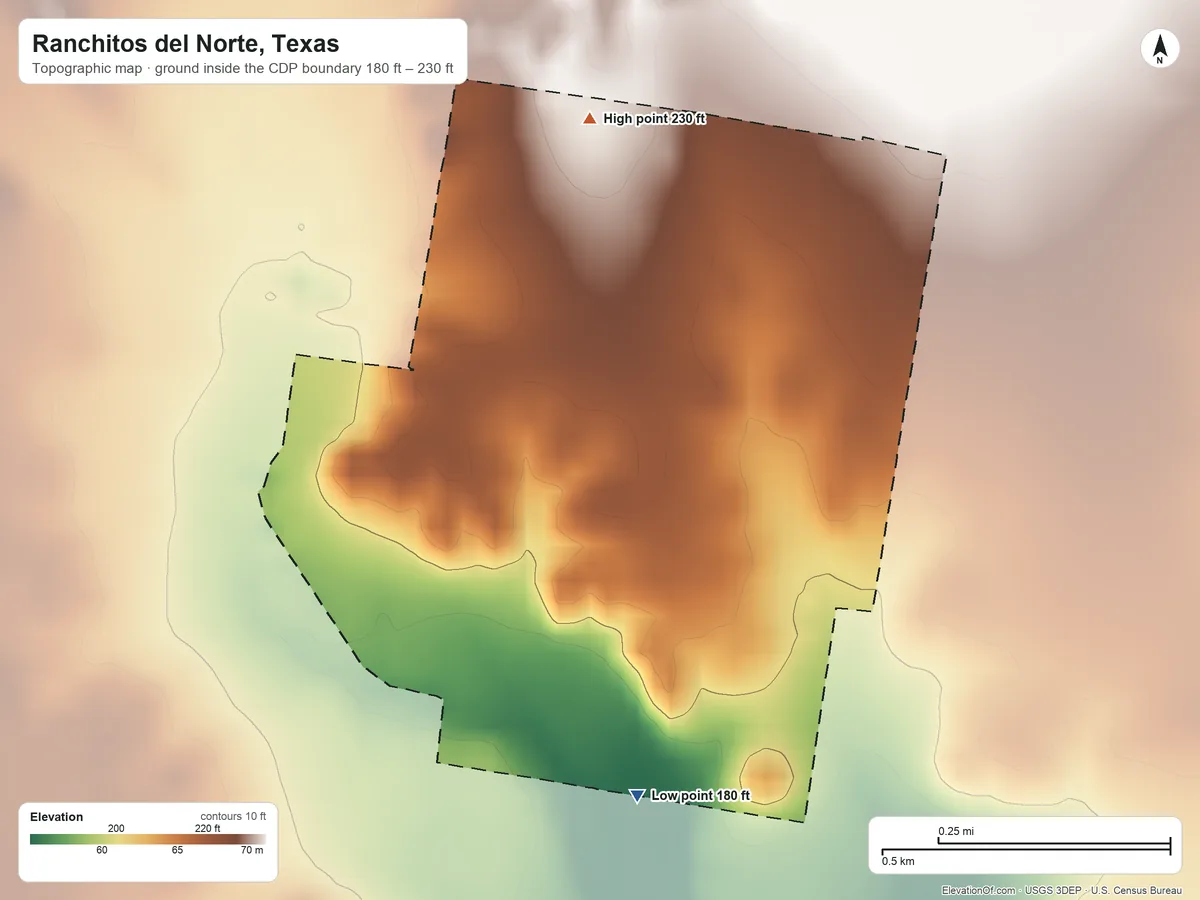 Topographic elevation map of Ranchitos del Norte, Texas, shaded from 180 ft on the south side to 230 ft on the northwest side