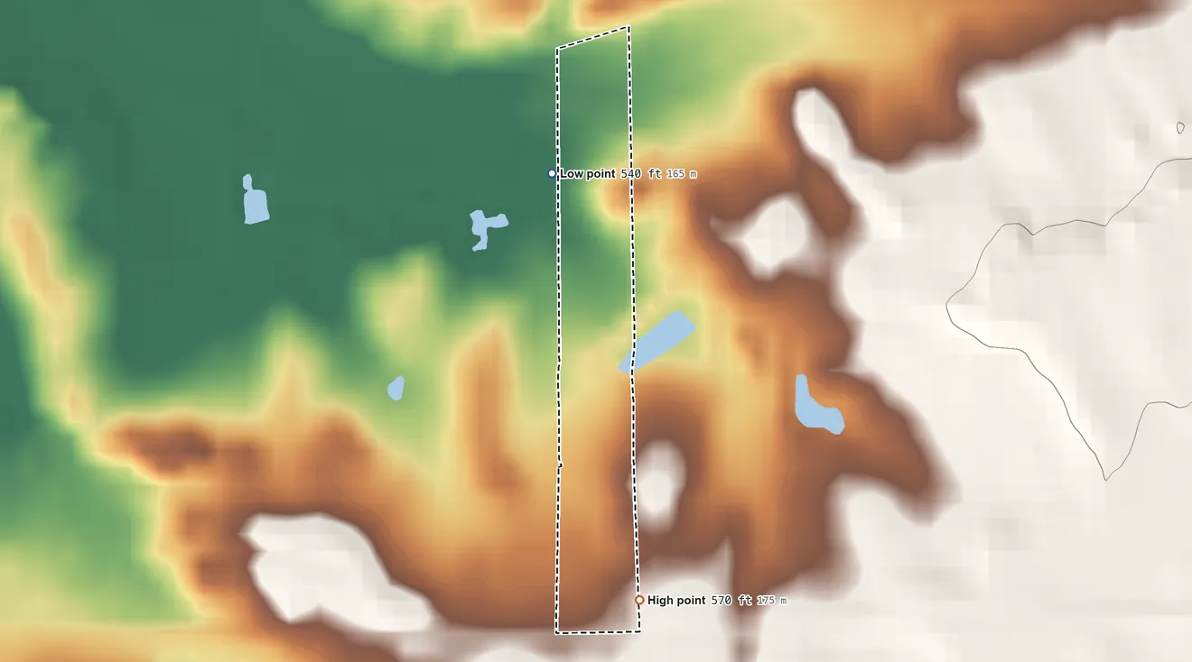Topographic elevation map of Ranchitos East, Texas, shaded from 540 ft on the north side to 570 ft on the south side