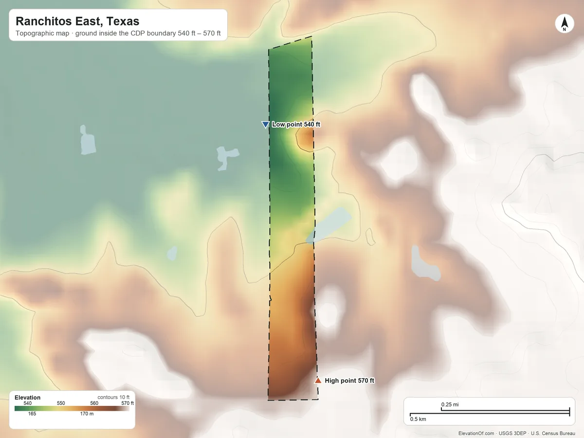 Topographic elevation map of Ranchitos East, Texas, shaded from 540 ft on the north side to 570 ft on the south side