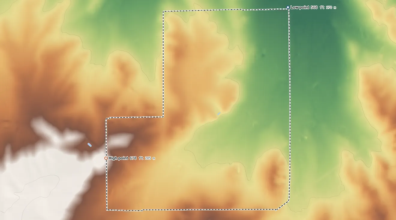 Topographic elevation map of Ranchitos Las Lomas, Texas, shaded from 560 ft on the northeast side to 670 ft on the southwest side