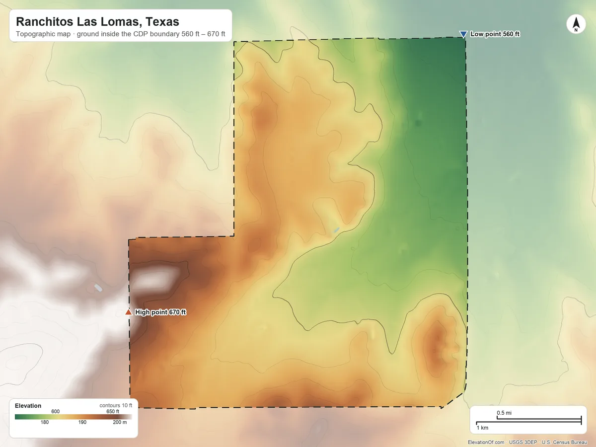 Topographic elevation map of Ranchitos Las Lomas, Texas, shaded from 560 ft on the northeast side to 670 ft on the southwest side
