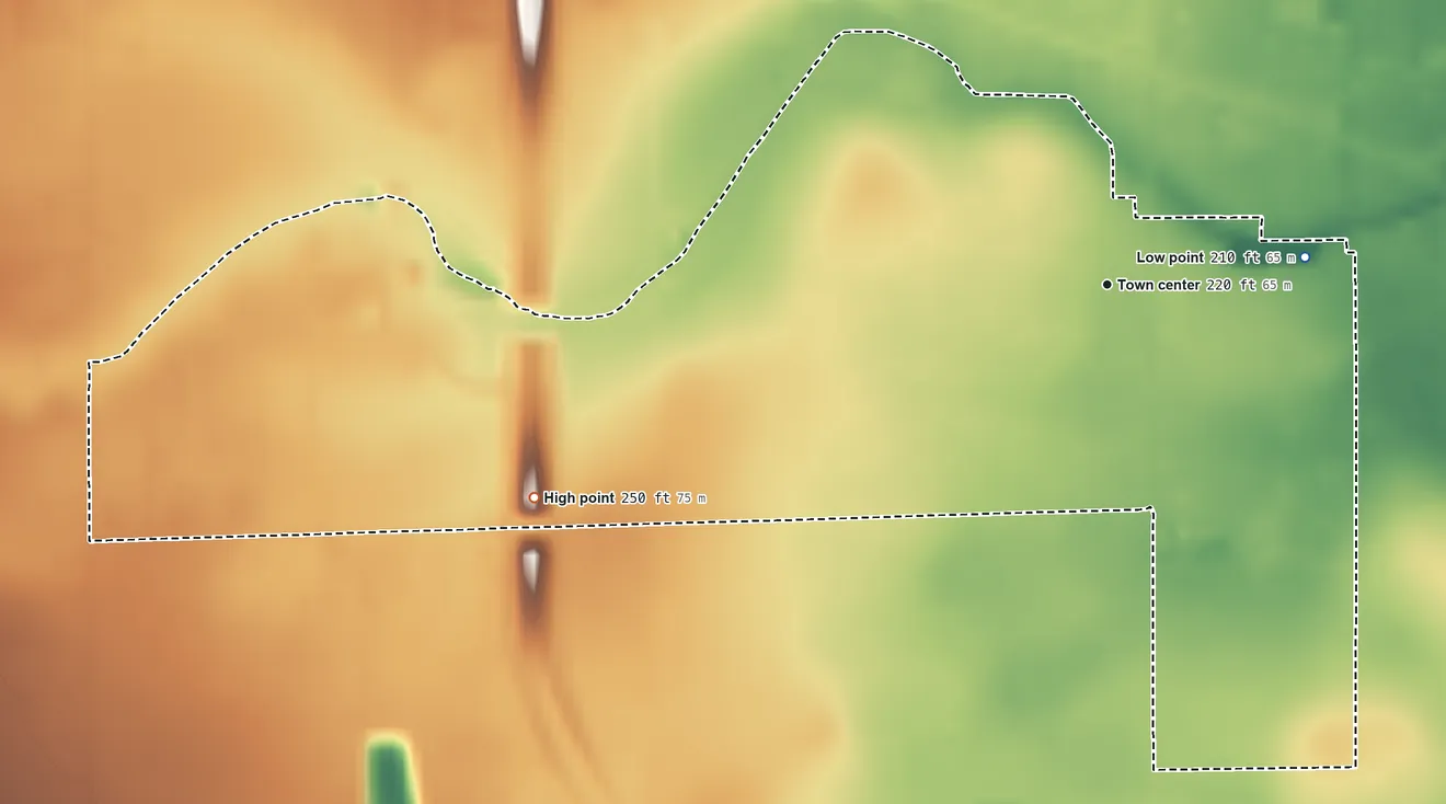 Topographic elevation map of Rancho Alegre, Texas, shaded from 210 ft on the east side to 250 ft on the west side
