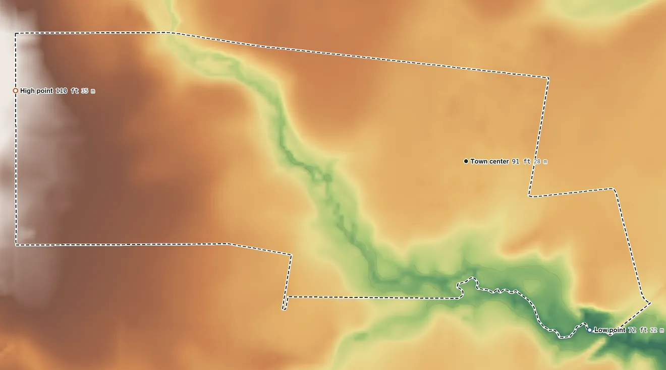 Topographic elevation map of Rancho Banquete, Texas, shaded from 72 ft on the southeast side to 110 ft on the west side