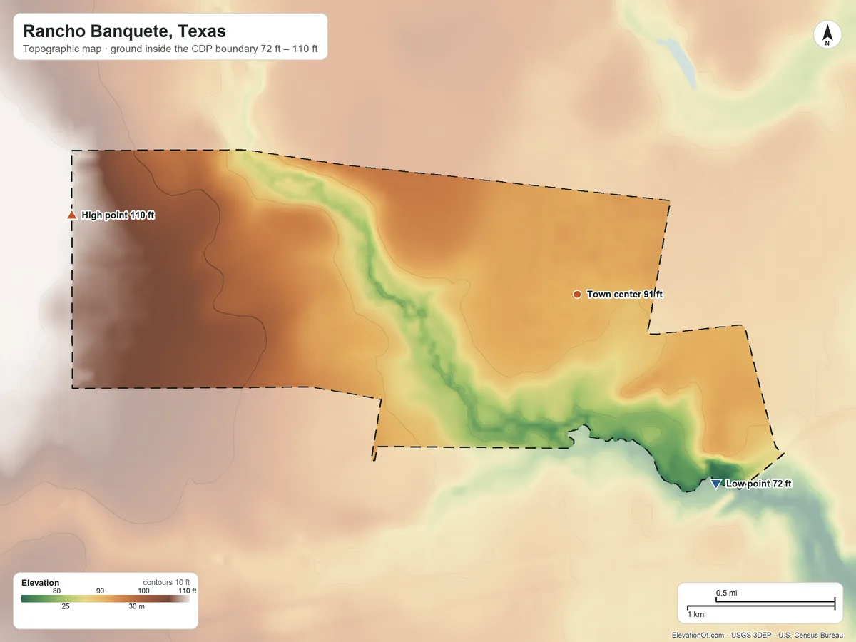 Topographic elevation map of Rancho Banquete, Texas, shaded from 72 ft on the southeast side to 110 ft on the west side