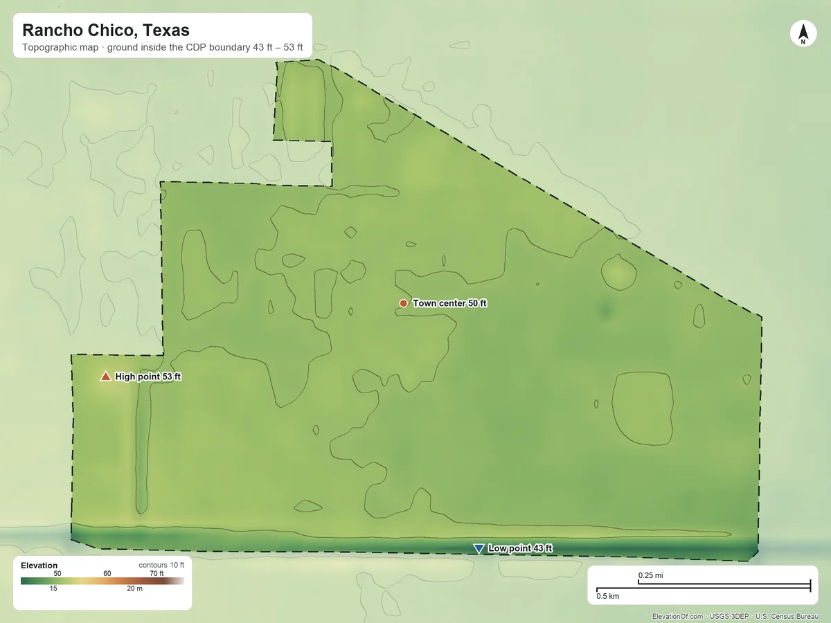 Topographic elevation map of Rancho Chico, Texas, shaded from 43 ft on the south side to 53 ft on the west side