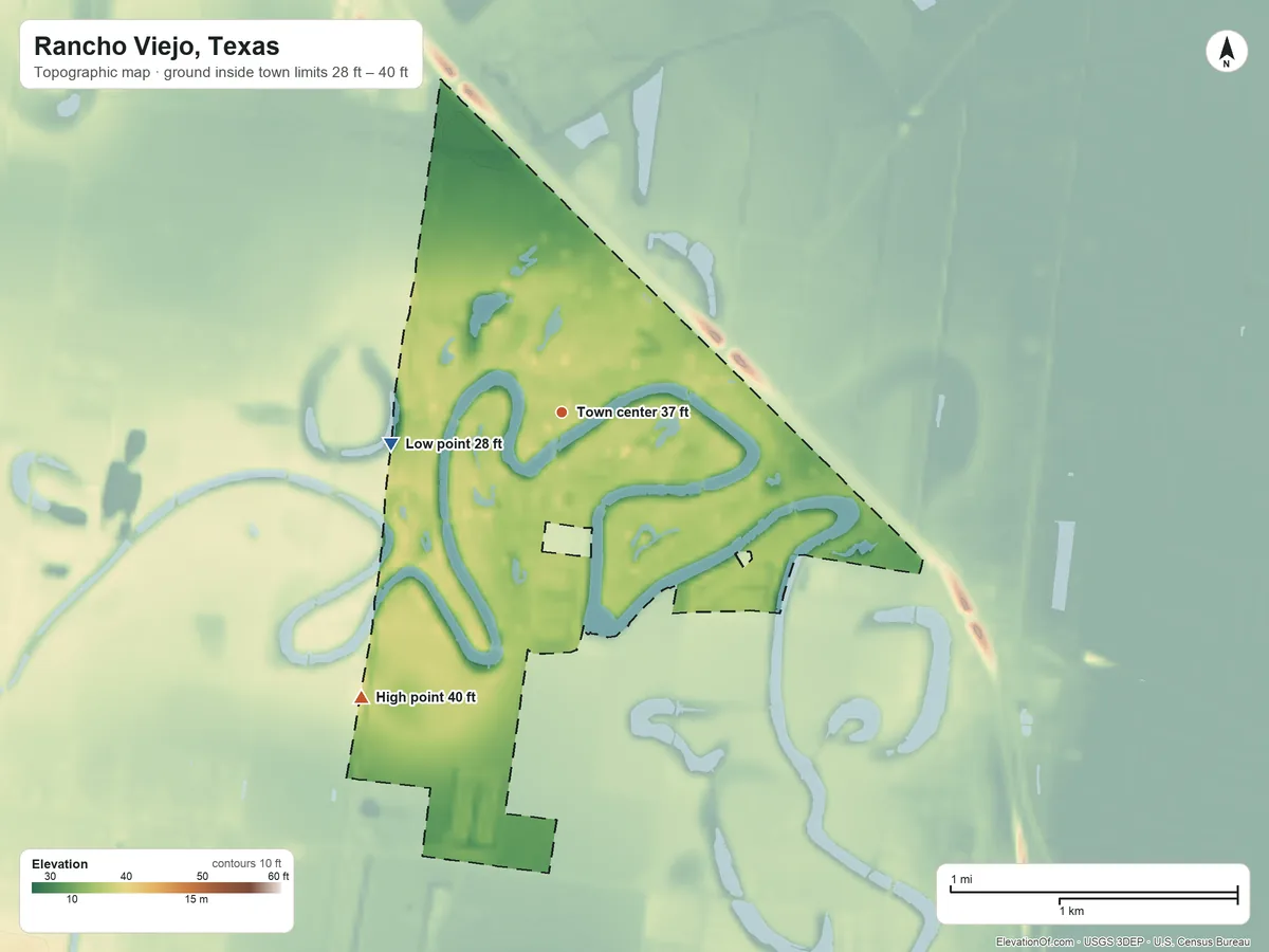 Topographic elevation map of Rancho Viejo, Texas, shaded from 28 ft on the west side to 40 ft on the southwest side