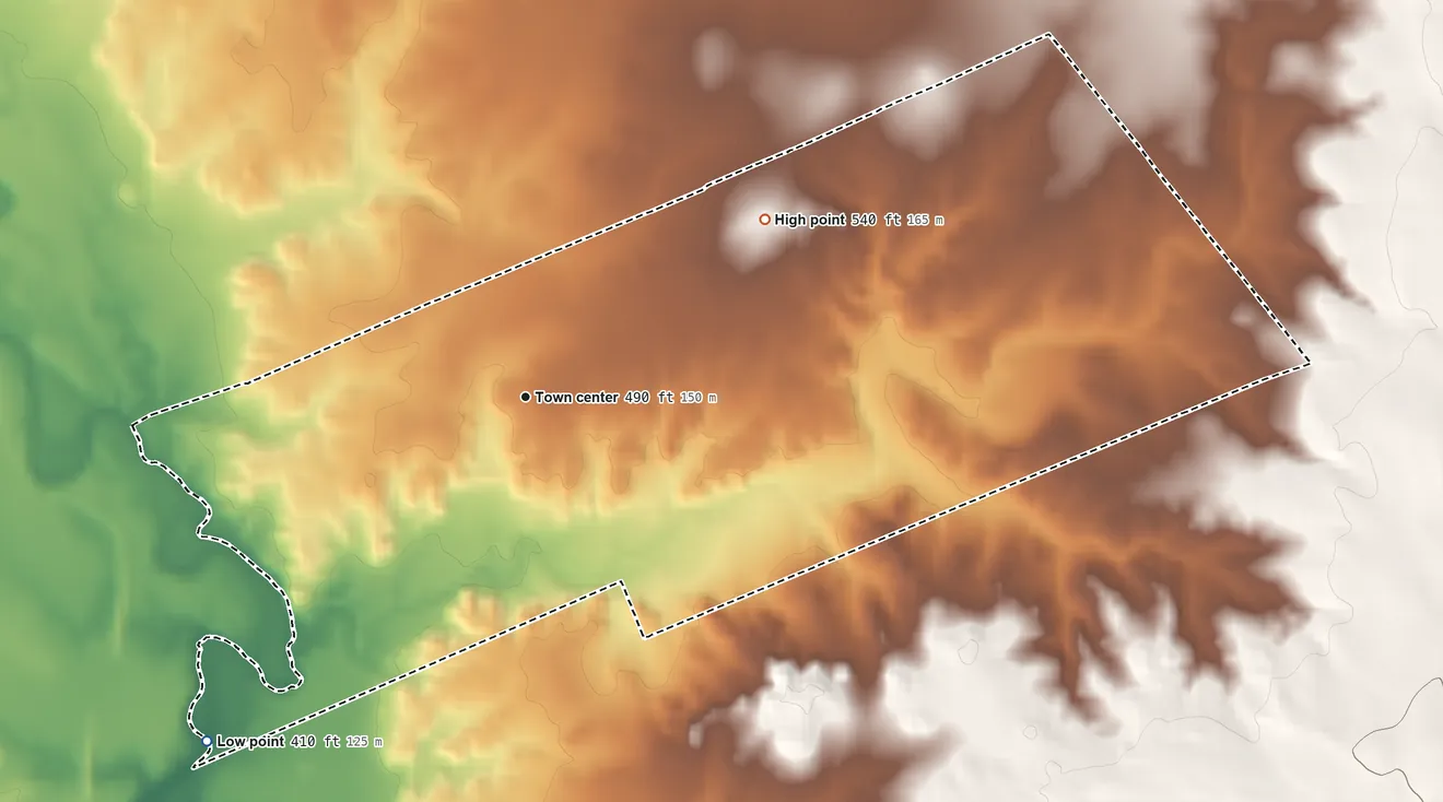 Topographic elevation map of Ranchos Penitas West, Texas, shaded from 410 ft on the southwest side to 540 ft on the northeast side