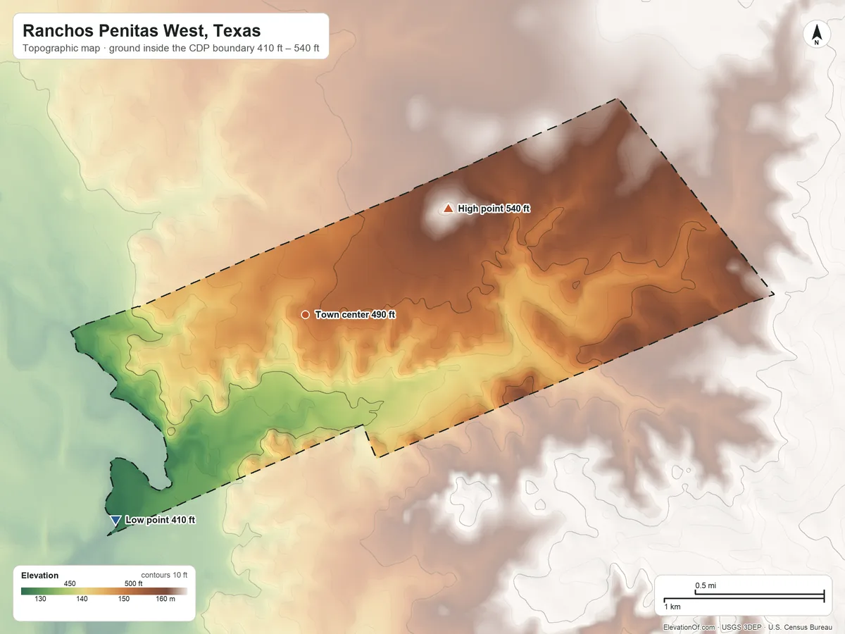 Topographic elevation map of Ranchos Penitas West, Texas, shaded from 410 ft on the southwest side to 540 ft on the northeast side