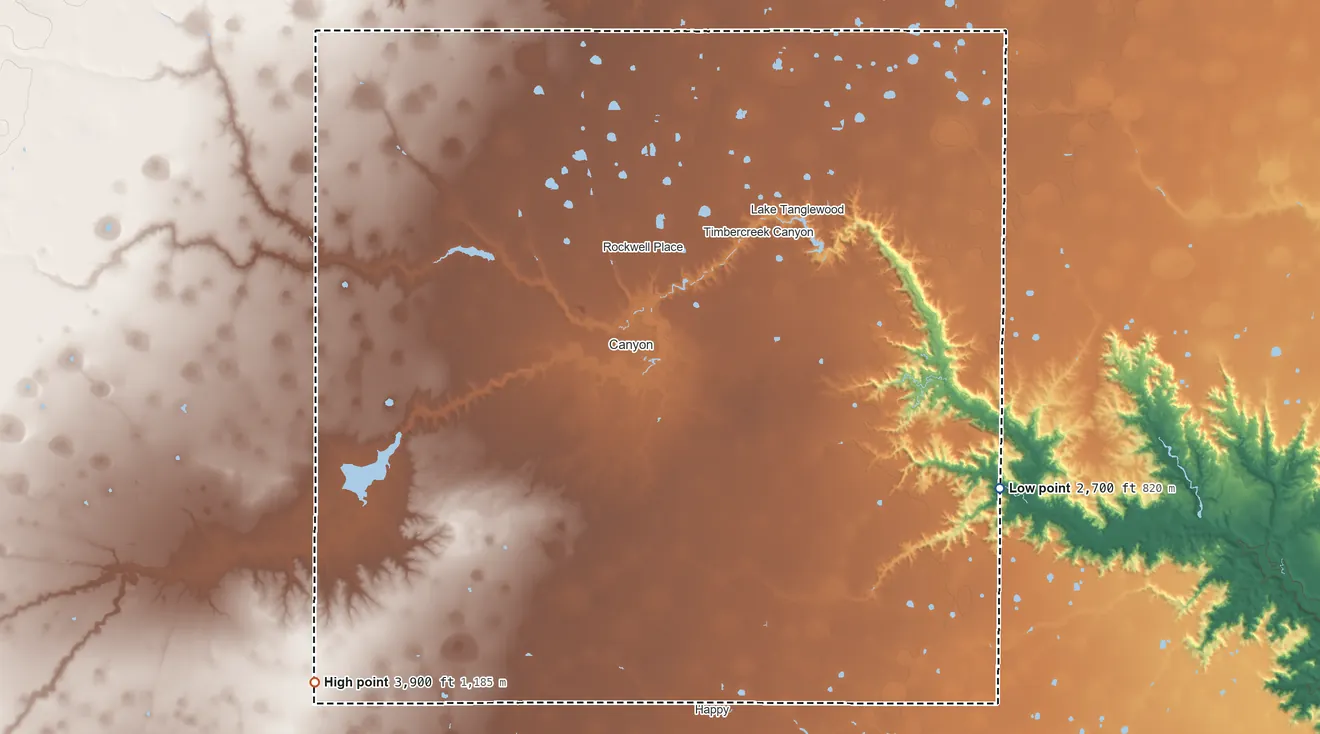 Topographic elevation map of Randall County, Texas, shaded from 2,700 ft on the east side to 3,900 ft on the southwest side