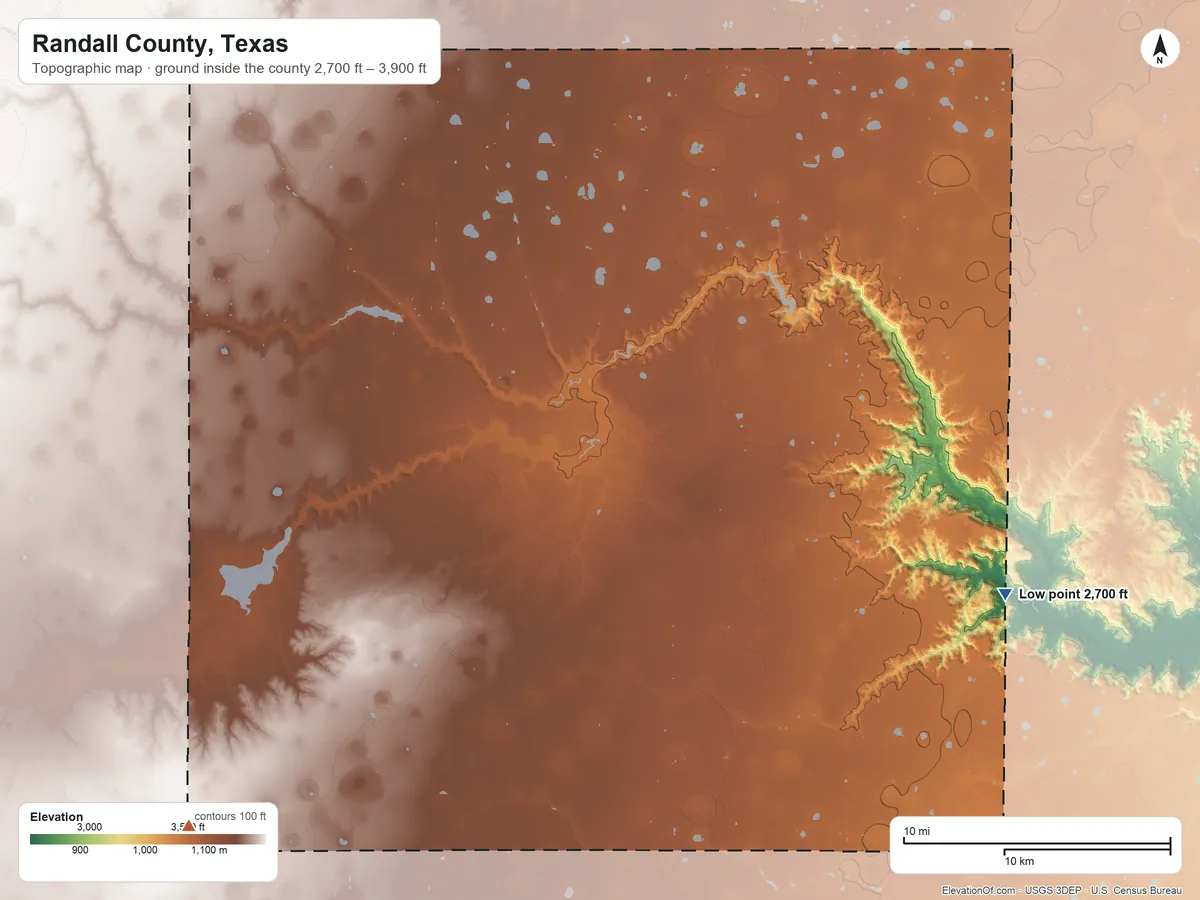 Topographic elevation map of Randall County, Texas, shaded from 2,700 ft on the east side to 3,900 ft on the southwest side