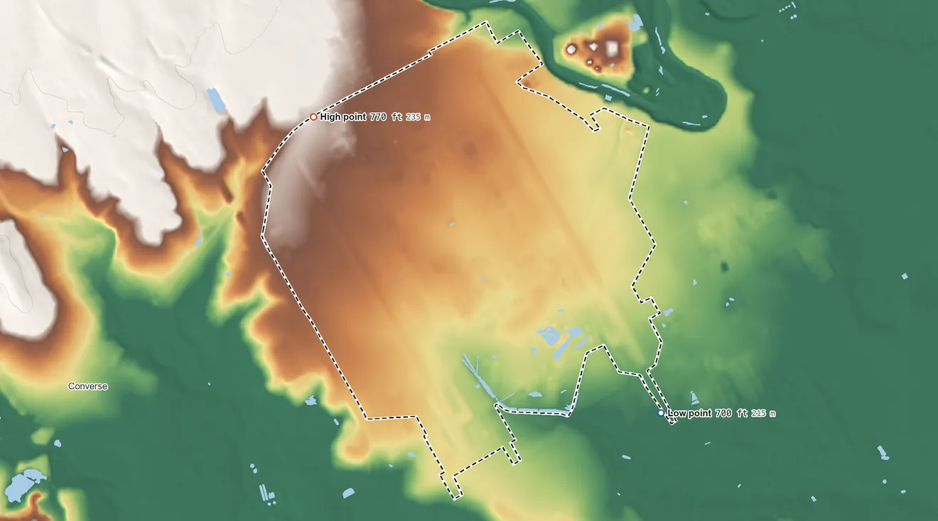 Topographic elevation map of Randolph AFB, Texas, shaded from 700 ft on the southeast side to 770 ft on the northwest side