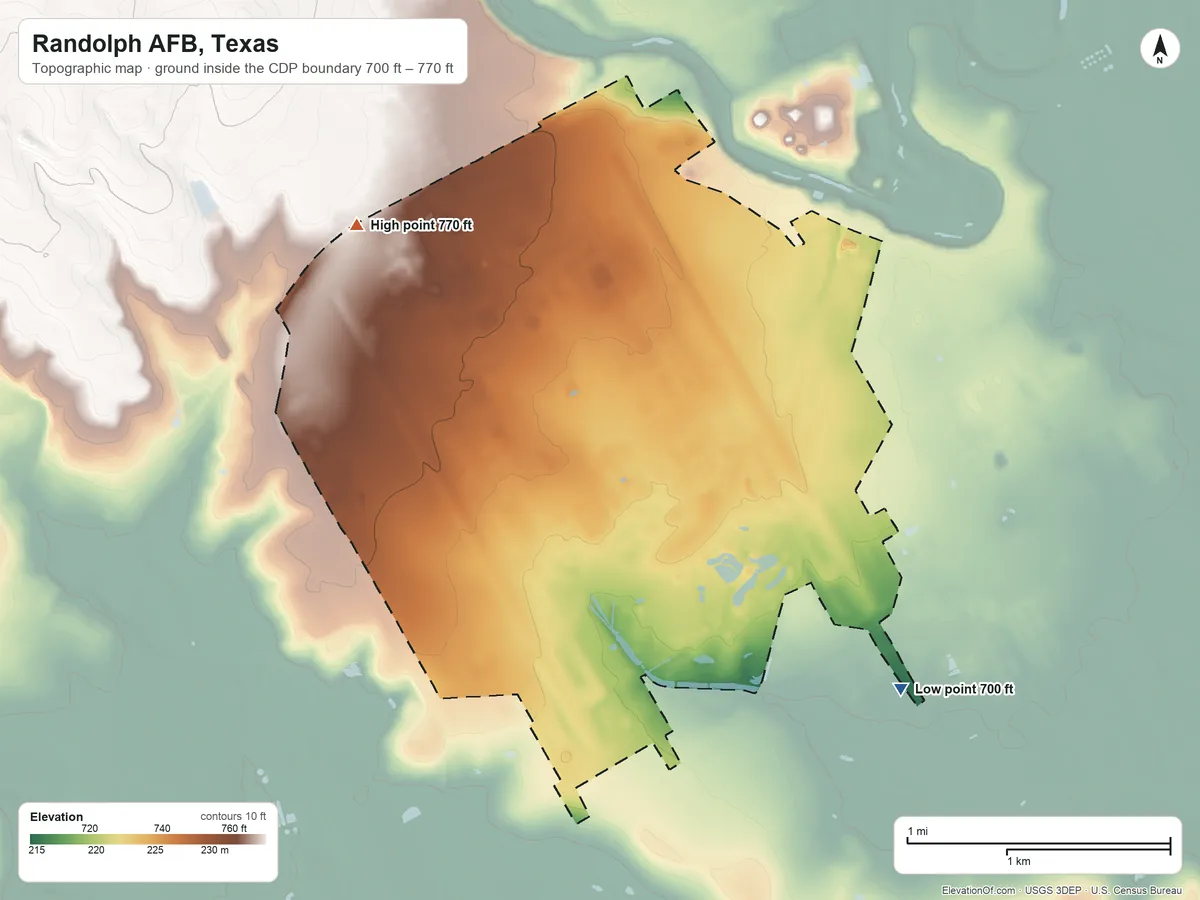 Topographic elevation map of Randolph AFB, Texas, shaded from 700 ft on the southeast side to 770 ft on the northwest side