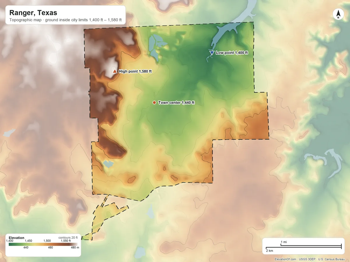 Topographic elevation map of Ranger, Texas, shaded from 1,400 ft on the northeast side to 1,580 ft on the northwest side