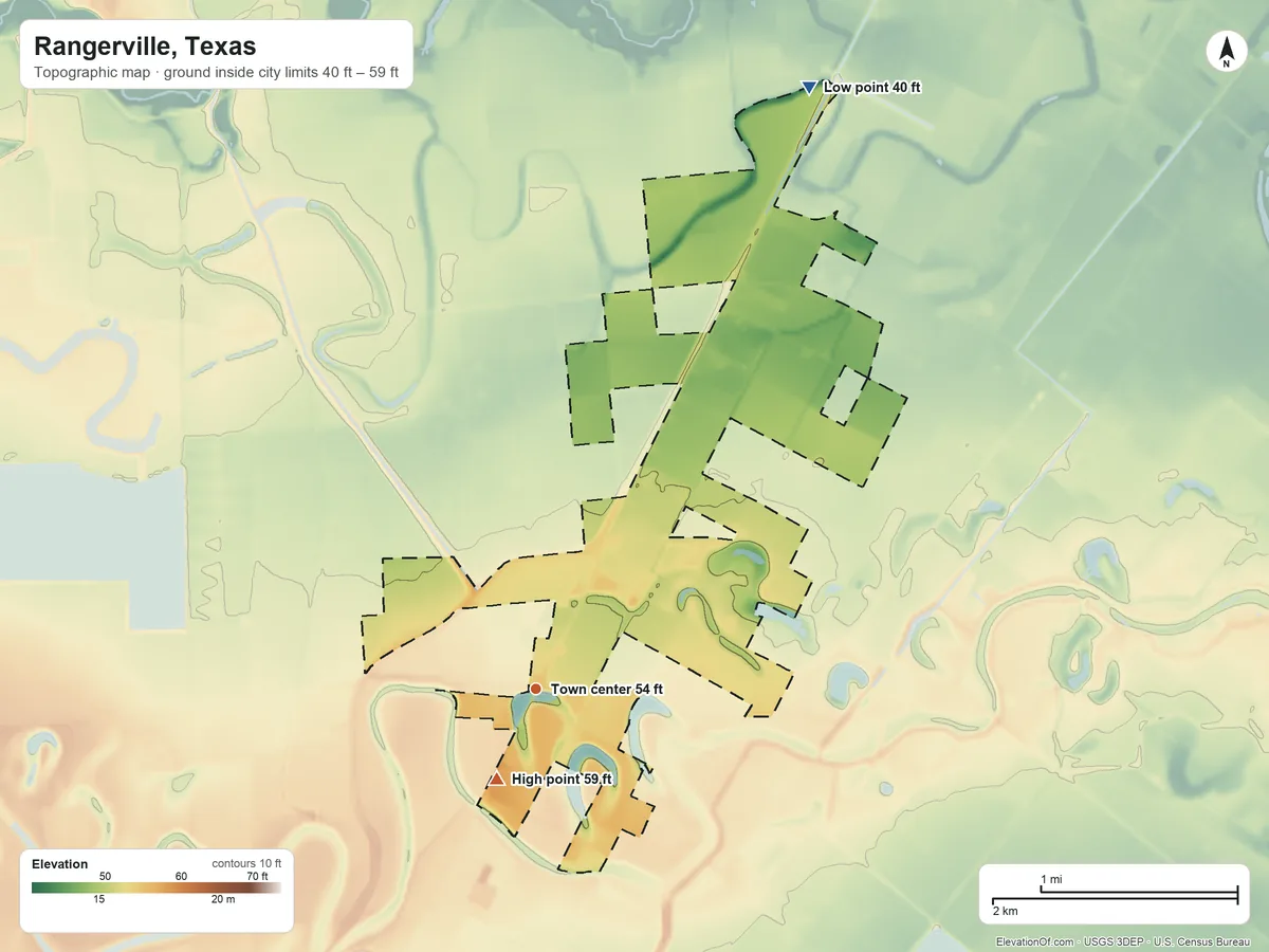 Topographic elevation map of Rangerville, Texas, shaded from 40 ft on the northeast side to 59 ft on the southwest side