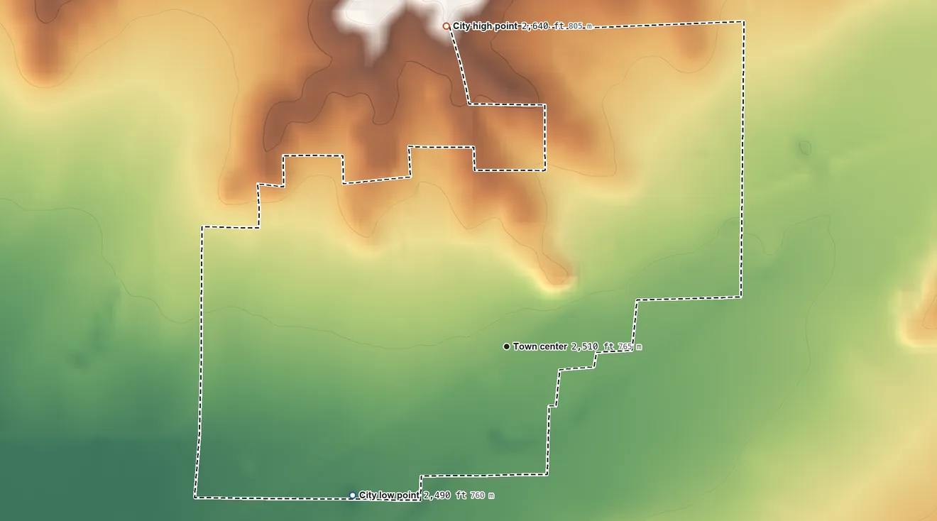 Topographic elevation map of Rankin, Texas, shaded from 2,490 ft on the southwest side to 2,640 ft on the north side