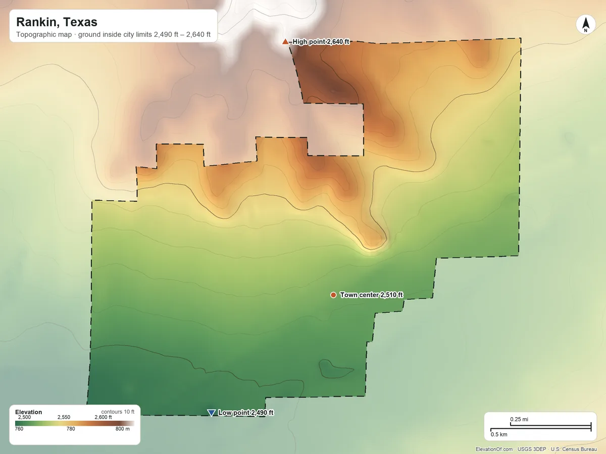 Topographic elevation map of Rankin, Texas, shaded from 2,490 ft on the southwest side to 2,640 ft on the north side