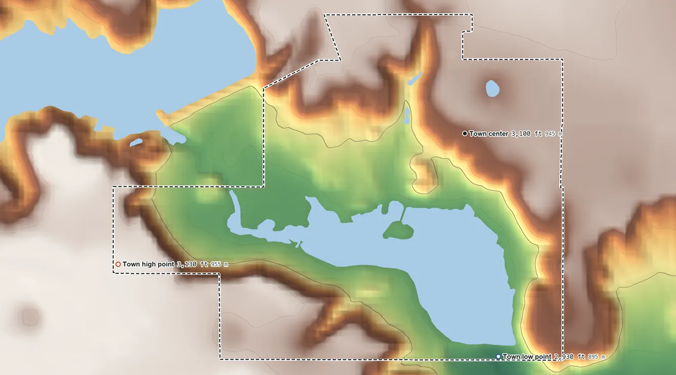 Topographic elevation map of Ransom Canyon, Texas, shaded from 2,930 ft on the south side to 3,130 ft on the west side