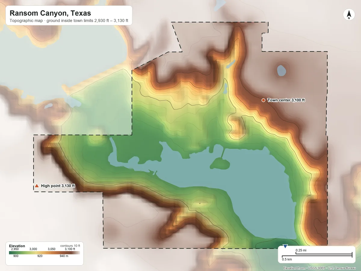 Topographic elevation map of Ransom Canyon, Texas, shaded from 2,930 ft on the south side to 3,130 ft on the west side