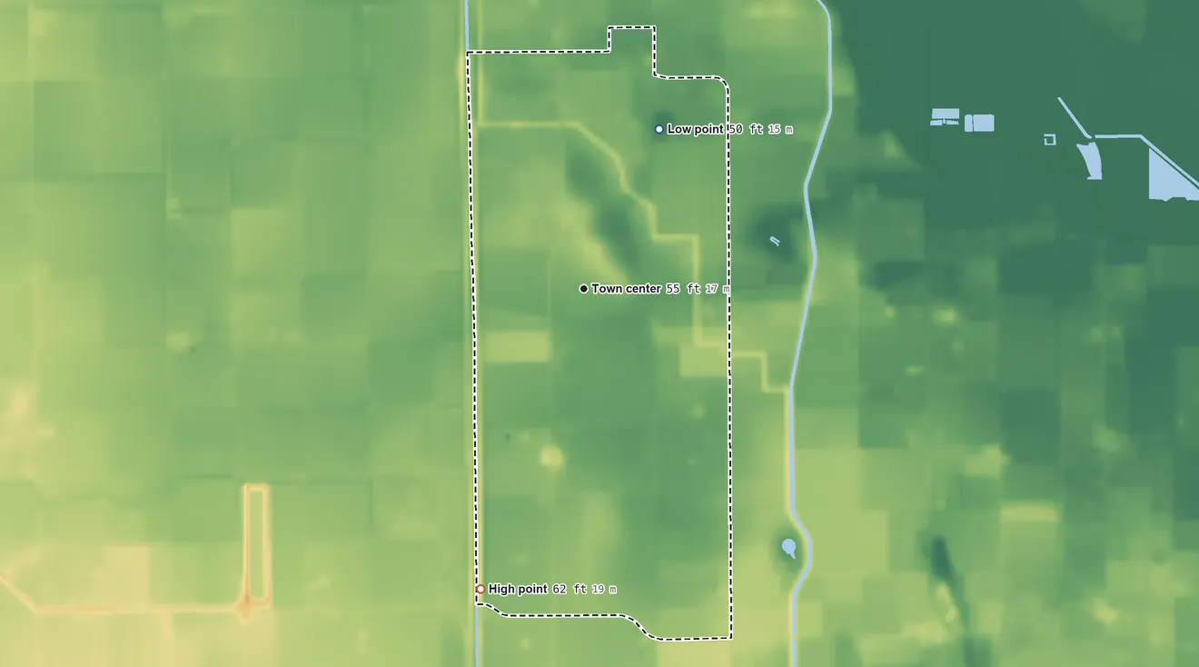 Topographic elevation map of Ratamosa, Texas, shaded from 50 ft on the northeast side to 62 ft on the south side
