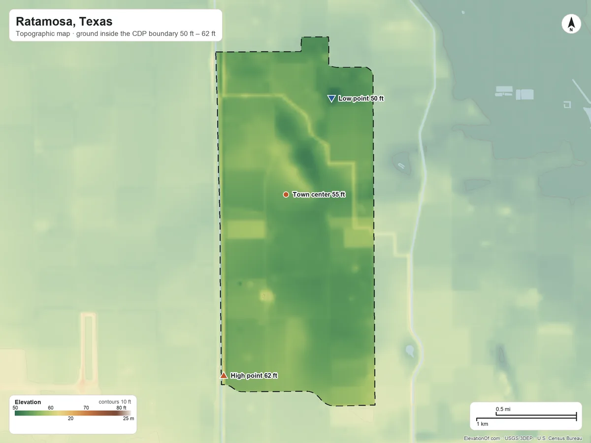 Topographic elevation map of Ratamosa, Texas, shaded from 50 ft on the northeast side to 62 ft on the south side