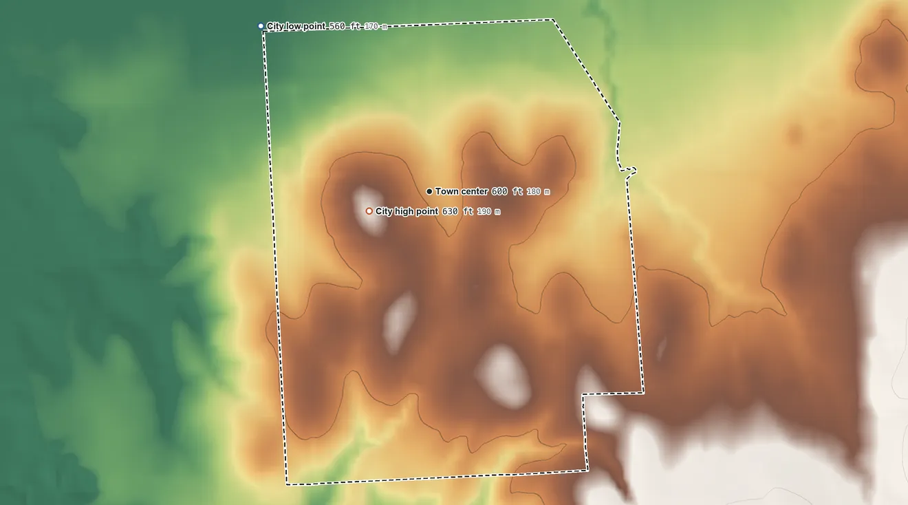 Topographic elevation map of Ravenna, Texas, shaded from 560 ft on the northwest side to 630 ft on the west side