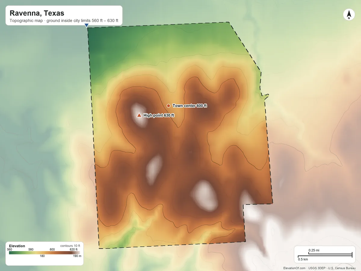 Topographic elevation map of Ravenna, Texas, shaded from 560 ft on the northwest side to 630 ft on the west side