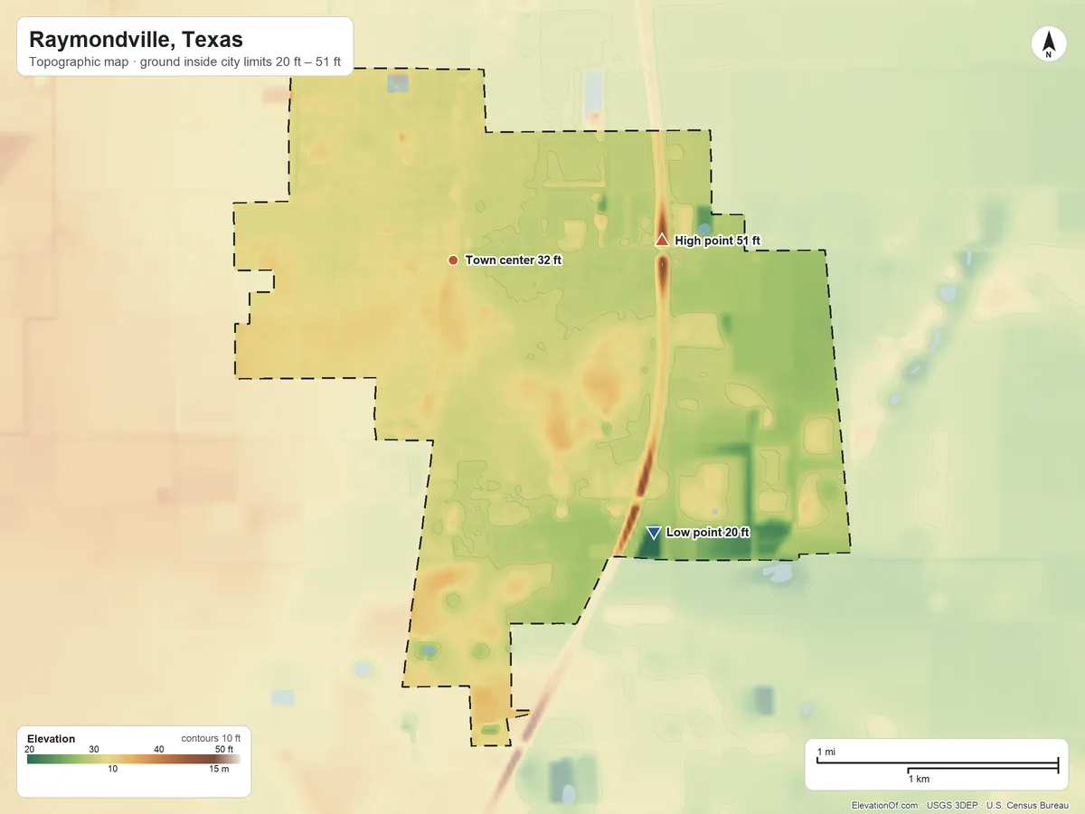 Topographic elevation map of Raymondville, Texas, shaded from 20 ft on the southeast side to 51 ft on the east side