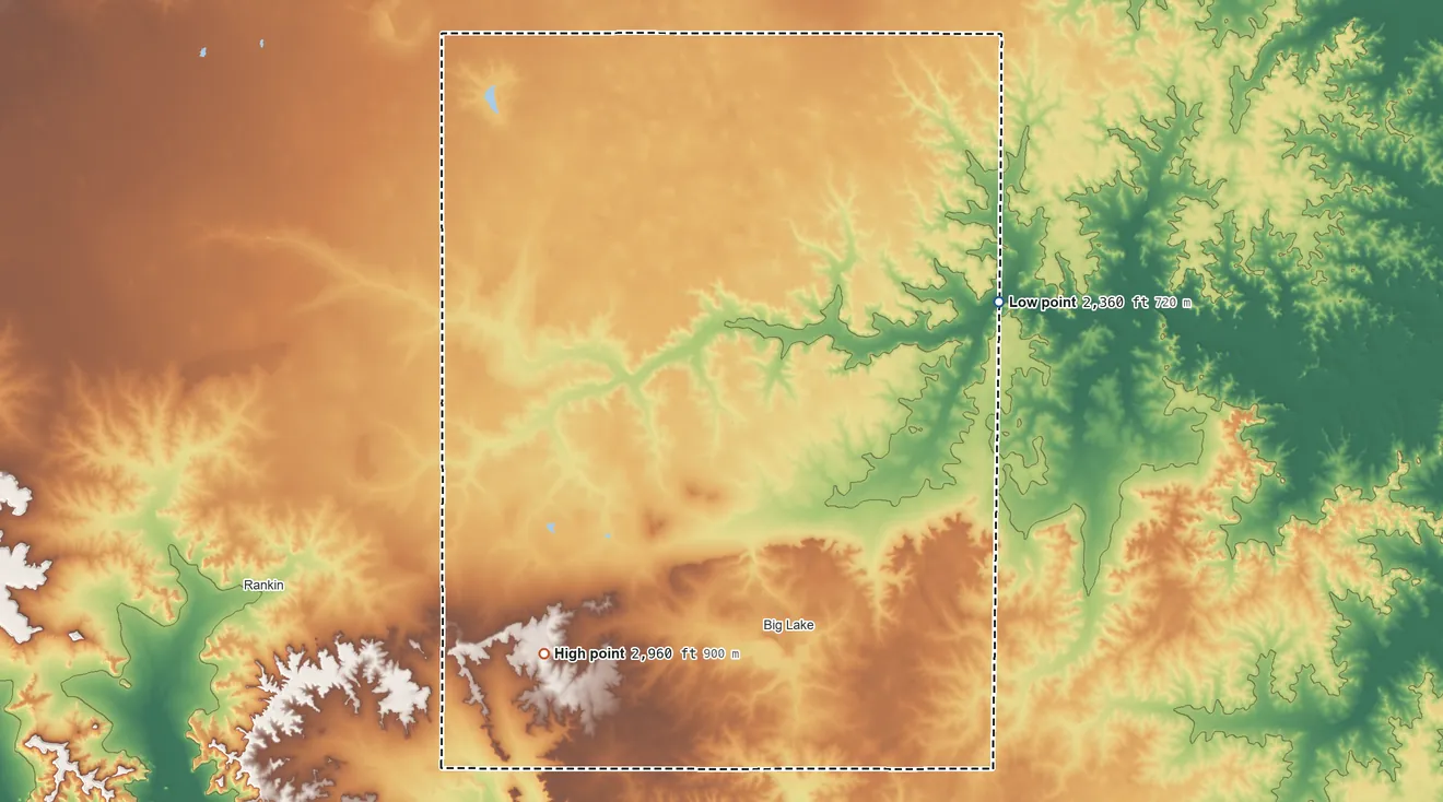 Topographic elevation map of Reagan County, Texas, shaded from 2,360 ft on the east side to 2,960 ft on the southwest side