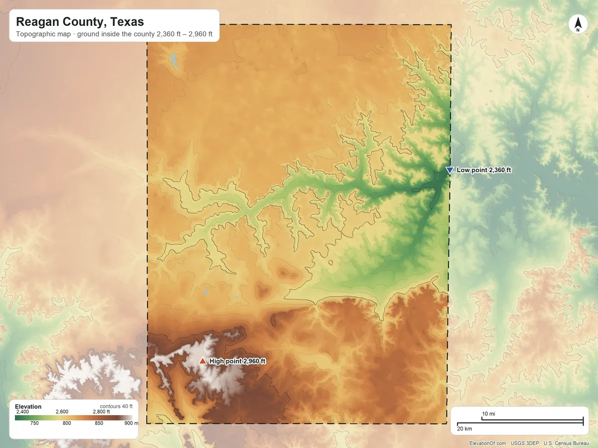 Topographic elevation map of Reagan County, Texas, shaded from 2,360 ft on the east side to 2,960 ft on the southwest side