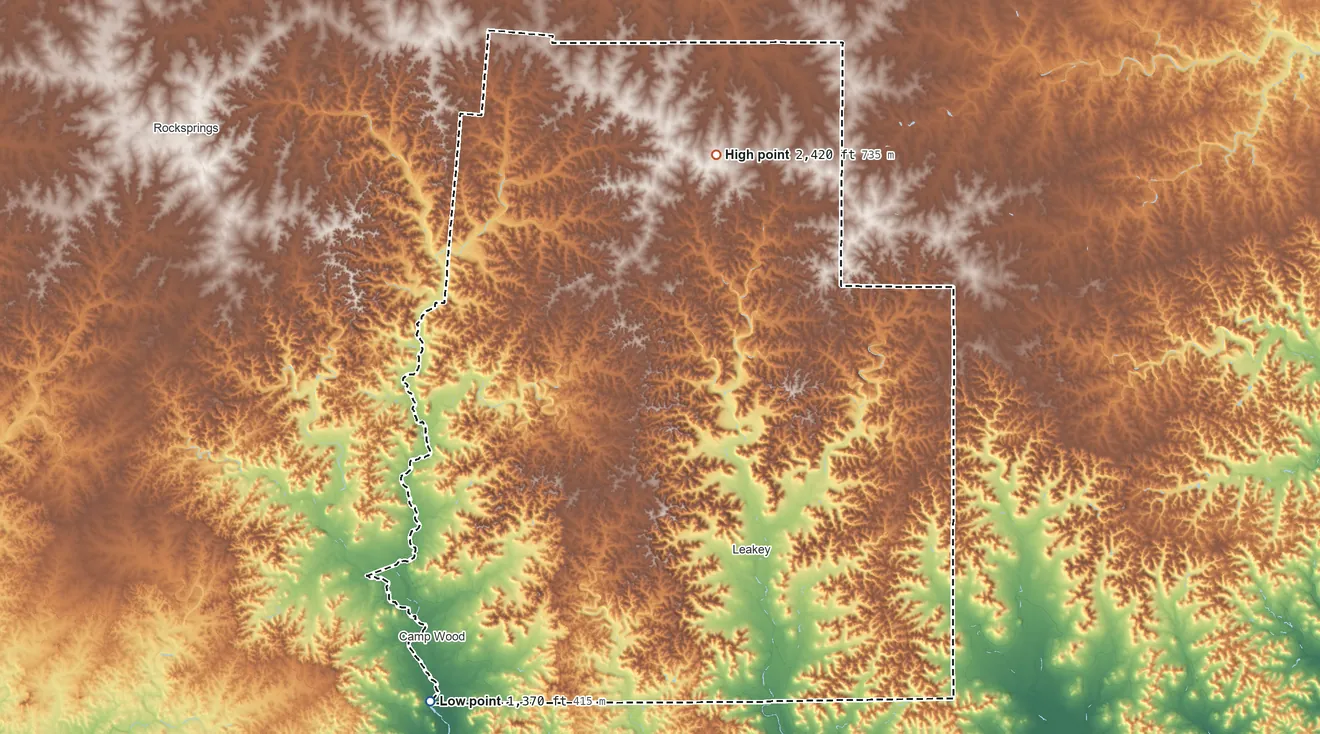 Topographic elevation map of Real County, Texas, shaded from 1,370 ft on the southwest side to 2,420 ft on the north side
