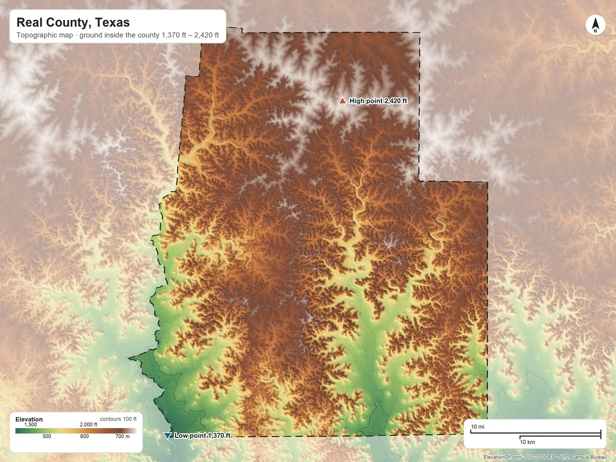 Topographic elevation map of Real County, Texas, shaded from 1,370 ft on the southwest side to 2,420 ft on the north side