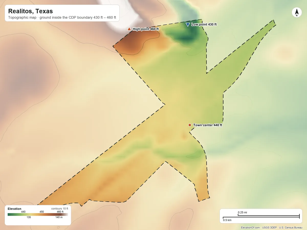 Topographic elevation map of Realitos, Texas, shaded from 430 ft on the north side to 460 ft on the northwest side