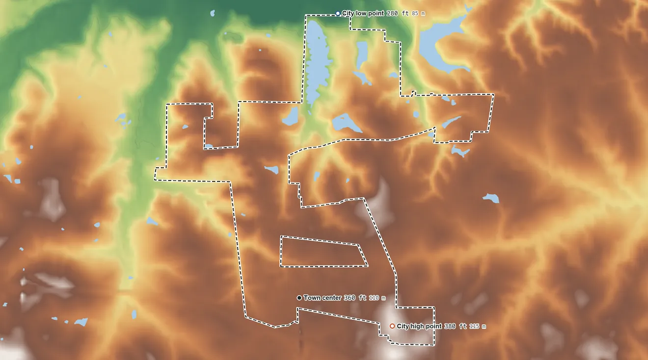 Topographic elevation map of Red Lick, Texas, shaded from 280 ft on the north side to 380 ft on the east side