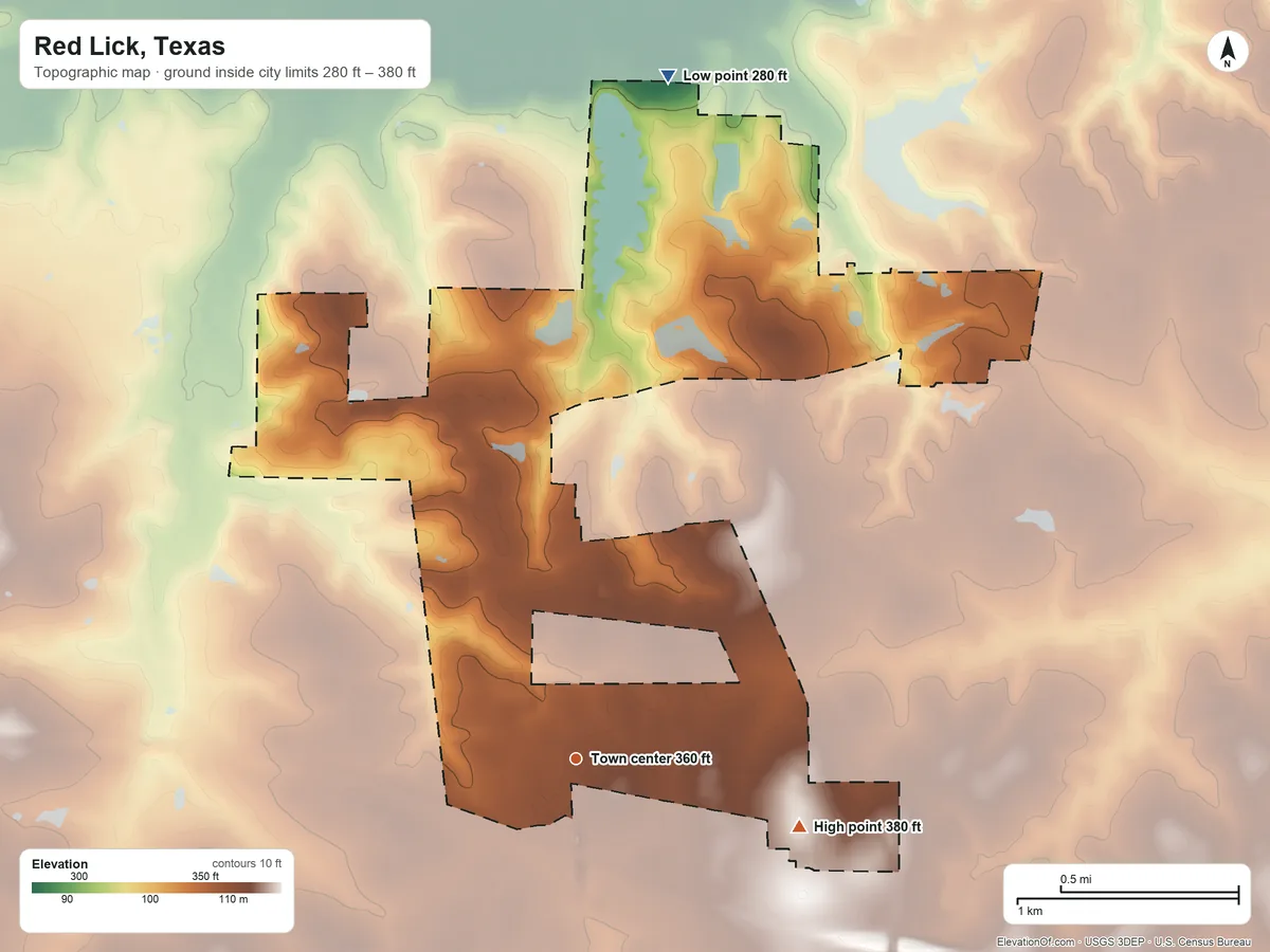 Topographic elevation map of Red Lick, Texas, shaded from 280 ft on the north side to 380 ft on the east side