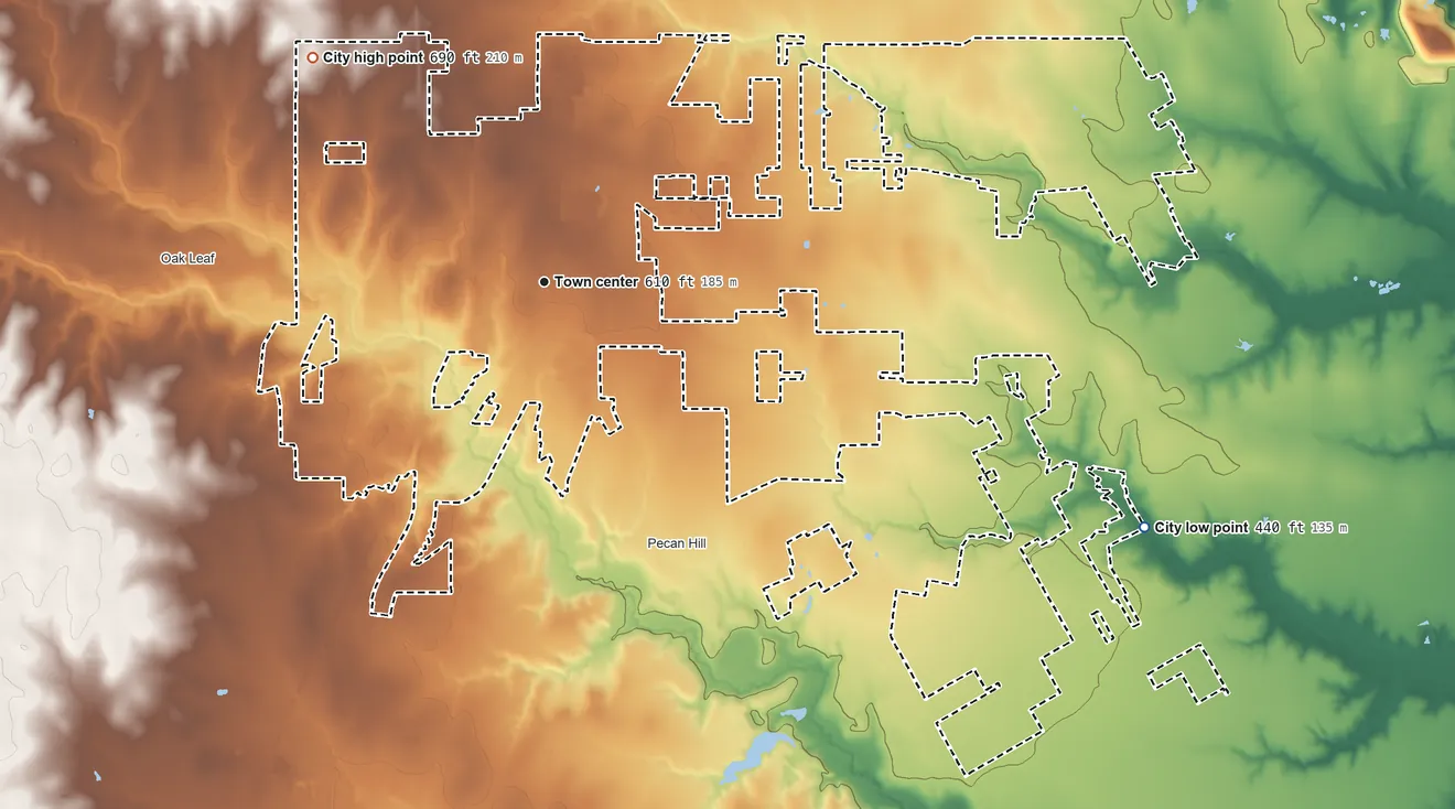 Topographic elevation map of Red Oak, Texas, shaded from 440 ft on the east side to 690 ft on the northwest side