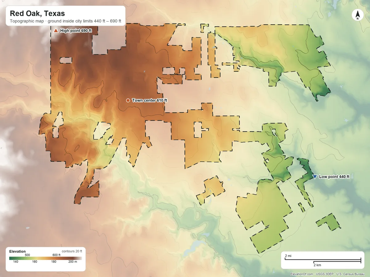 Topographic elevation map of Red Oak, Texas, shaded from 440 ft on the east side to 690 ft on the northwest side