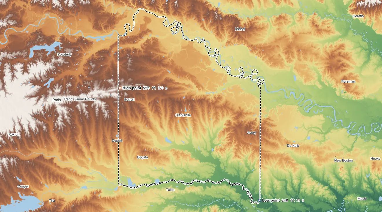 Topographic elevation map of Red River County, Texas, shaded from 240 ft on the southeast side to 550 ft on the west side