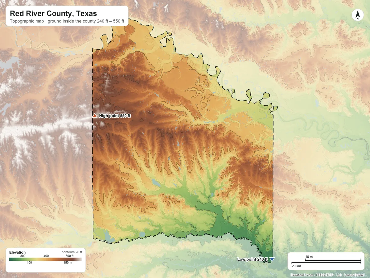 Topographic elevation map of Red River County, Texas, shaded from 240 ft on the southeast side to 550 ft on the west side