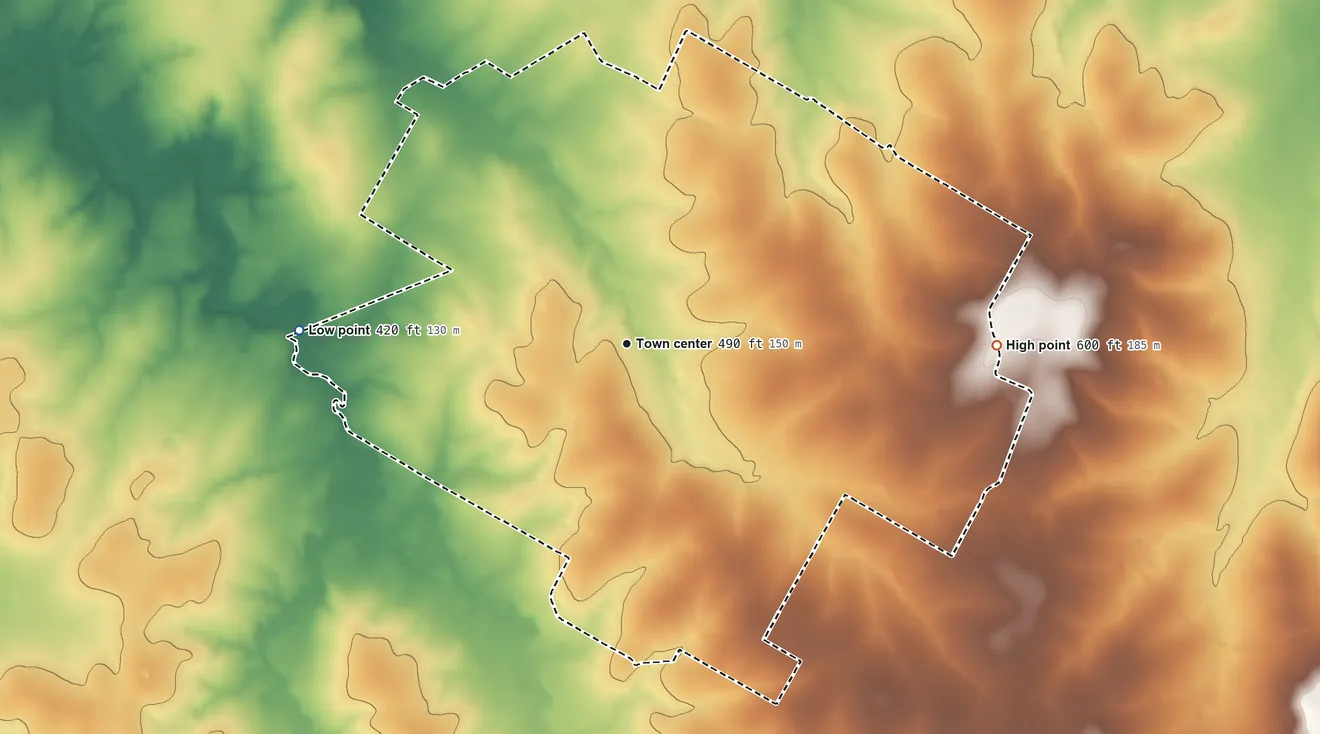 Topographic elevation map of Red Rock, Texas, shaded from 420 ft on the west side to 600 ft on the east side