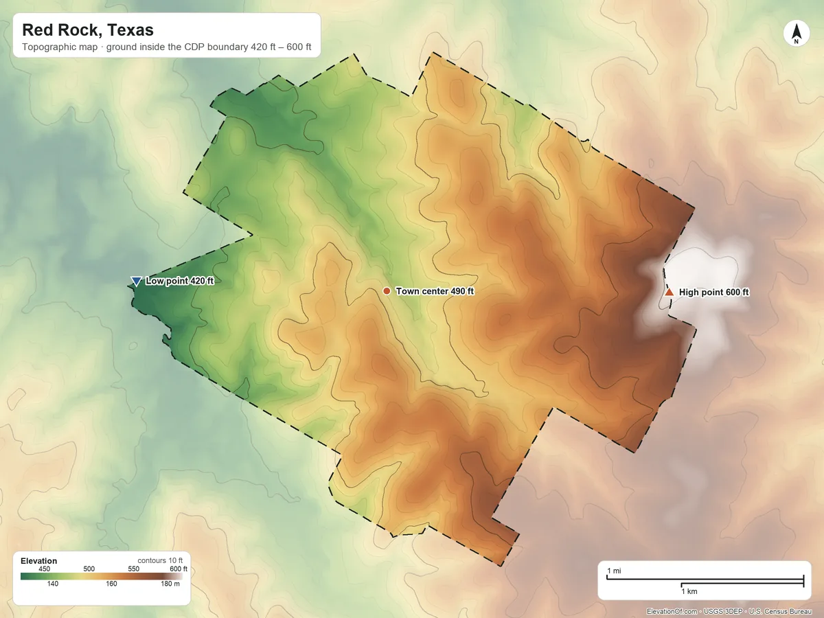 Topographic elevation map of Red Rock, Texas, shaded from 420 ft on the west side to 600 ft on the east side