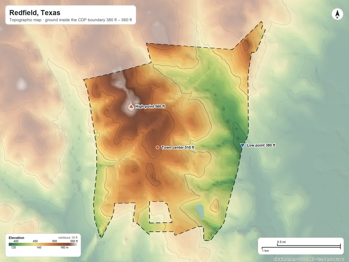 Topographic elevation map of Redfield, Texas, shaded from 380 ft on the east side to 560 ft on the northwest side