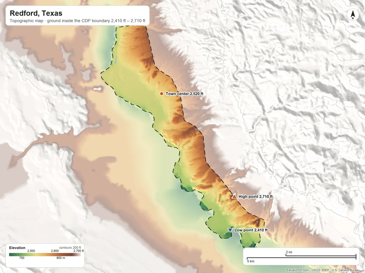 Topographic elevation map of Redford, Texas, shaded from 2,410 ft on the southeast side to 2,710 ft at the foot of the Bofecillos Mountains