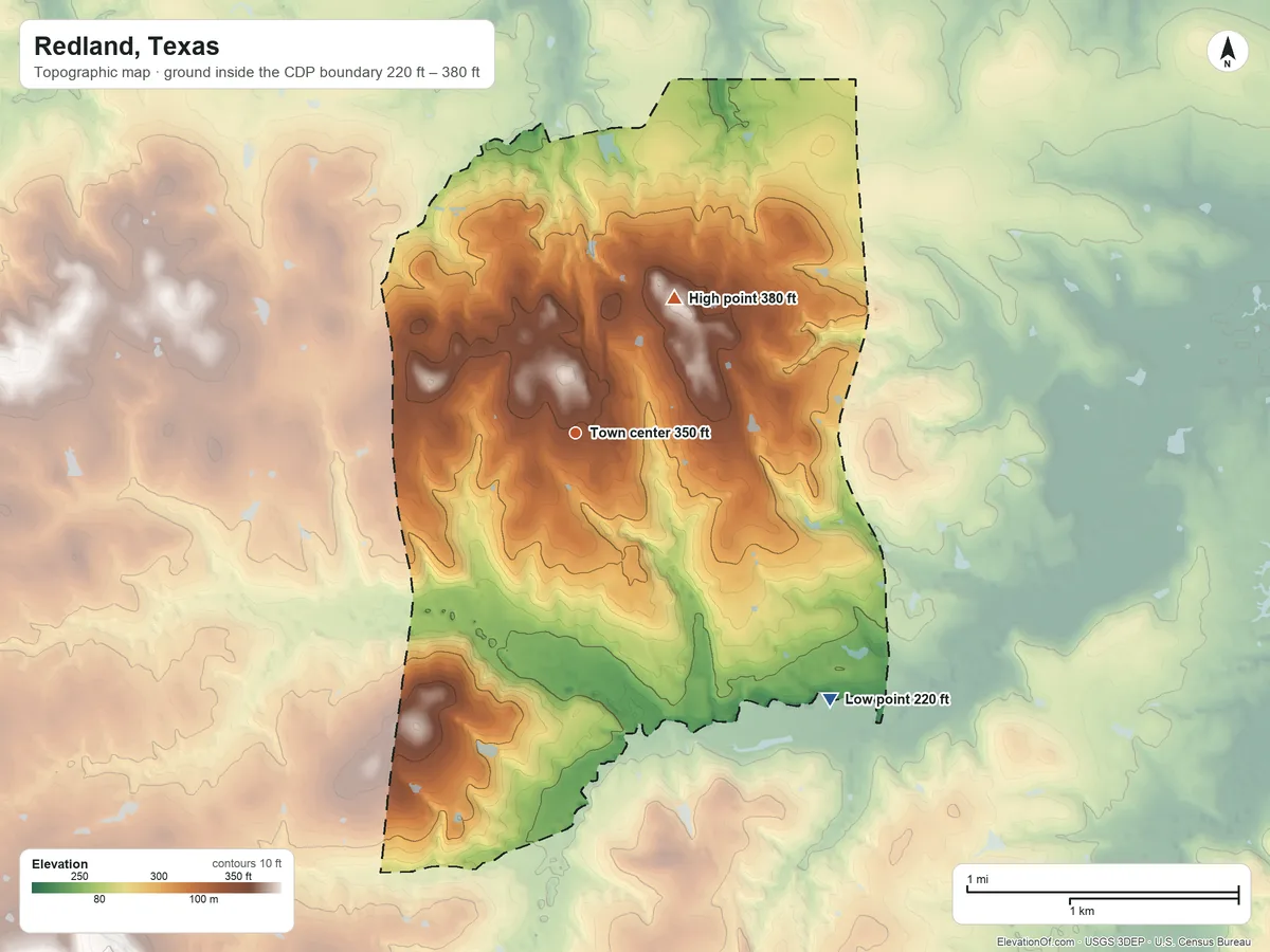 Topographic elevation map of Redland, Texas, shaded from 220 ft on the southeast side to 380 ft on the northeast side