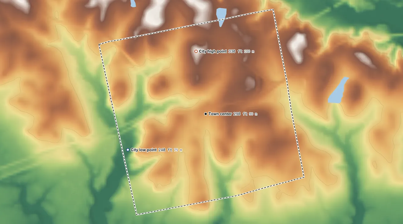 Topographic elevation map of Redwater, Texas, shaded from 240 ft on the southwest side to 330 ft on the north side
