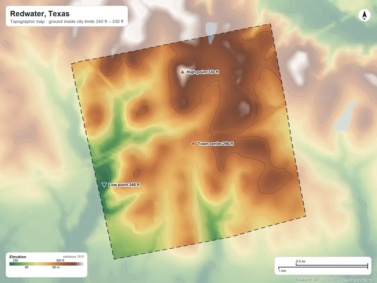 Topographic elevation map of Redwater, Texas, shaded from 240 ft on the southwest side to 330 ft on the north side