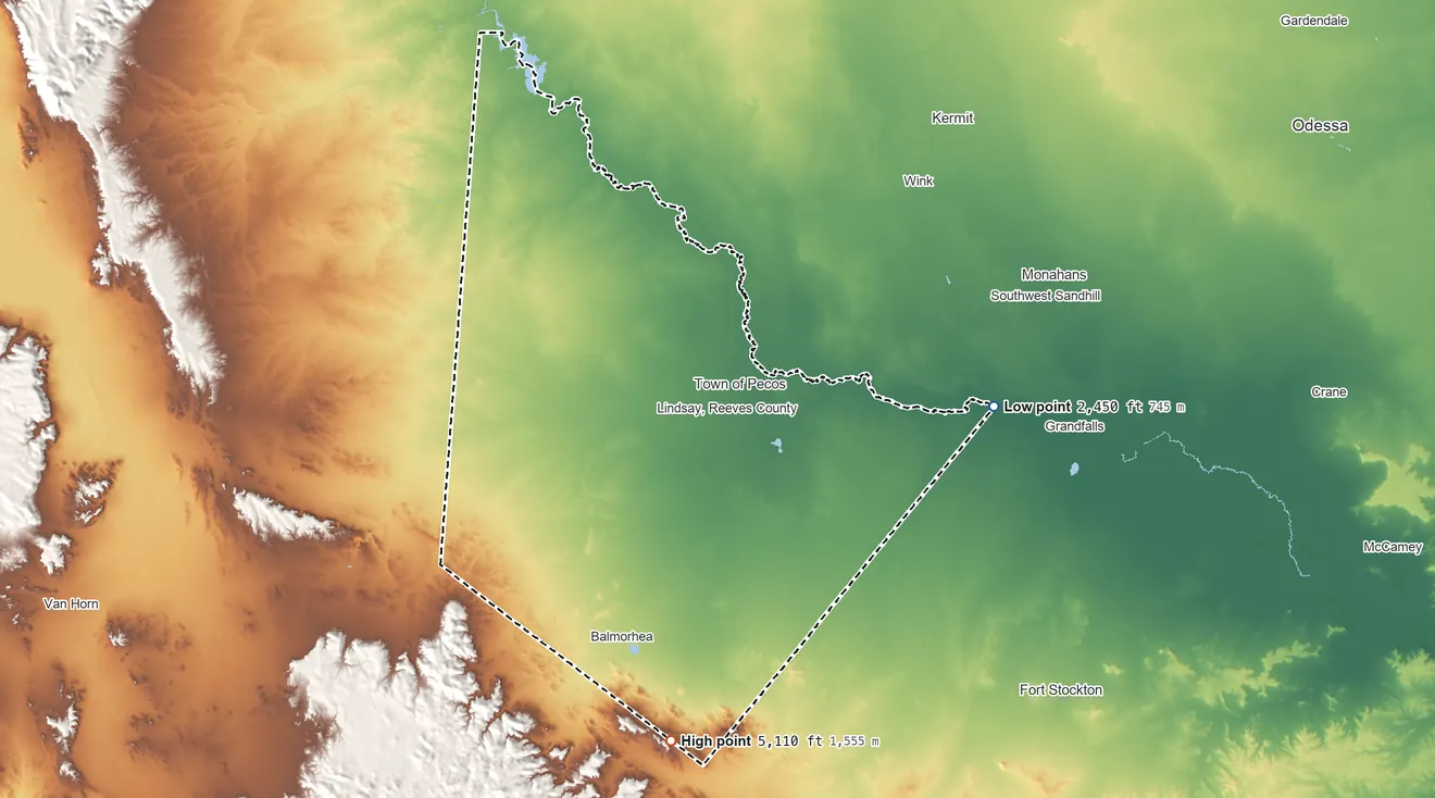 Topographic elevation map of Reeves County, Texas, shaded from 2,450 ft on the east side to 5,110 ft on the south side