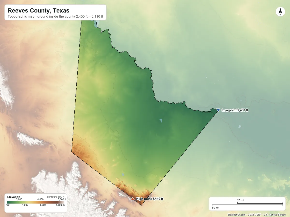 Topographic elevation map of Reeves County, Texas, shaded from 2,450 ft on the east side to 5,110 ft on the south side