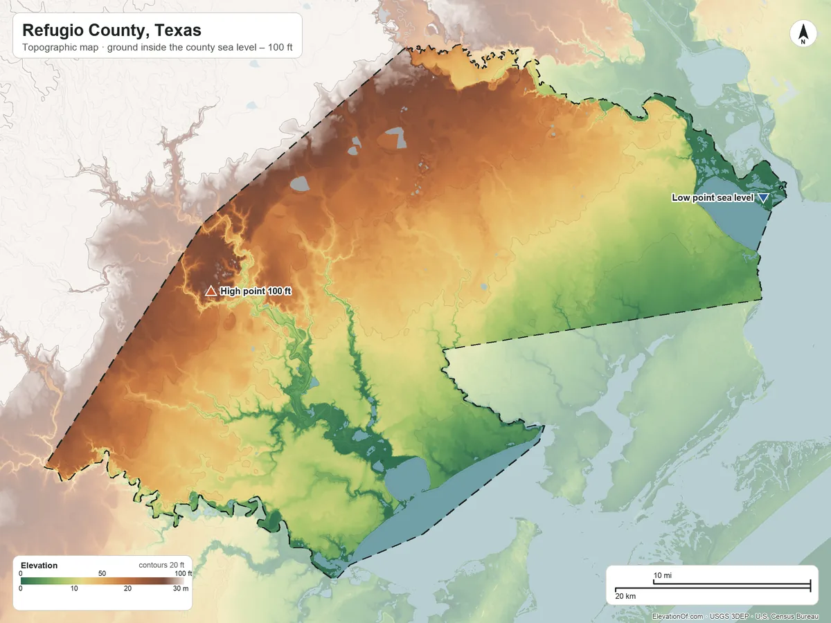 Topographic elevation map of Refugio County, Texas, shaded from sea level on San Antonio Bay to 100 ft on the west side