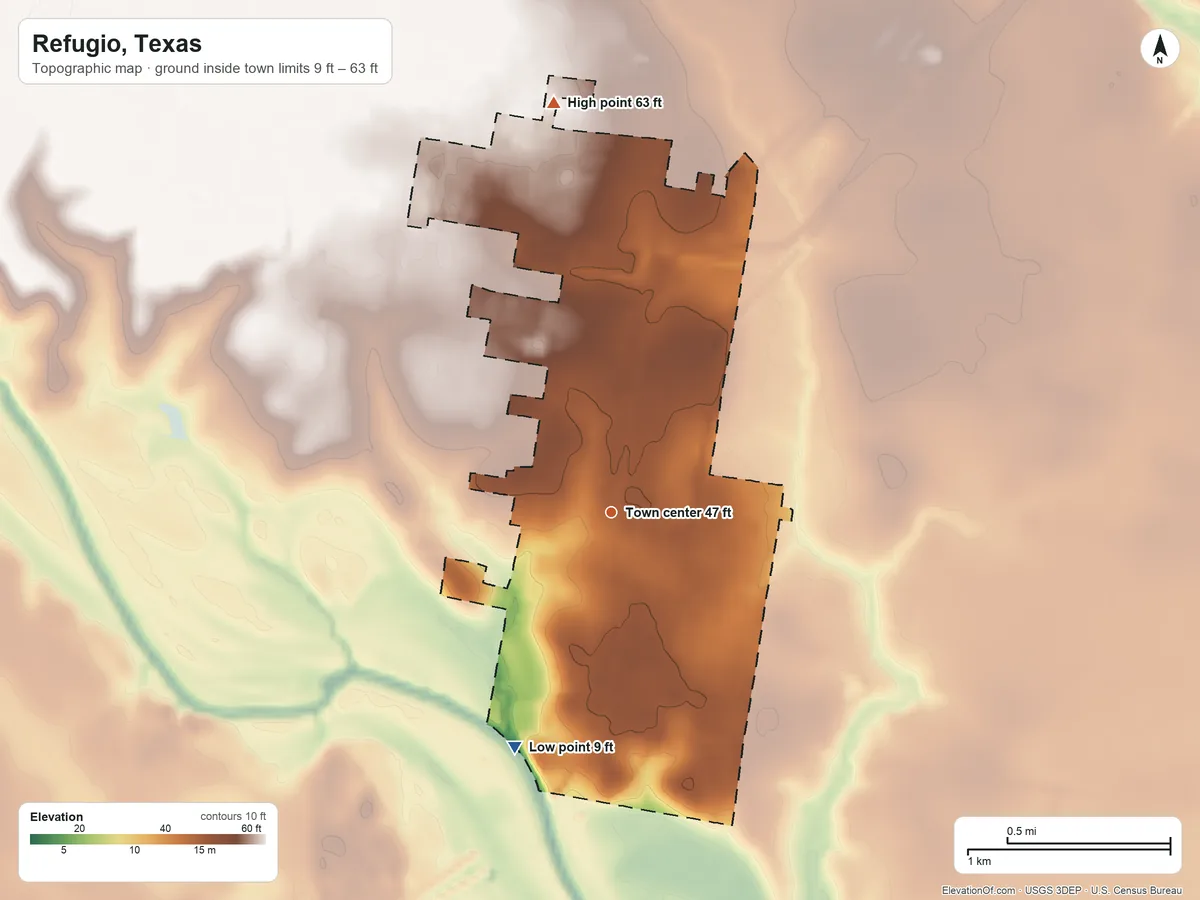 Topographic elevation map of Refugio, Texas, shaded from 9 ft on the south side to 63 ft on the north side